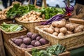 Organic root vegetables at the farmers market. Generative AI Royalty Free Stock Photo