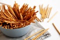Organic Salty Pretzel Sticks in a Bowl, side view Royalty Free Stock Photo