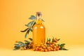 Organic sea buckthorn oil in the bottle with fresh ripe sea buckthorn berries and leaves on pastel background. Natural cosmetic