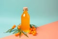 Organic sea buckthorn oil in the bottle with fresh ripe sea buckthorn berries and leaves on pastel background. Natural cosmetic