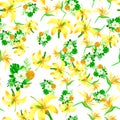 Organic Seamless Background. Yellow Pattern Texture. White Tropical Painting. Green Flower Hibiscus. Natural Floral Leaf. Royalty Free Stock Photo