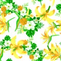 Organic Seamless Exotic. Green Pattern Botanical. Natural Tropical Nature. Yellow Flower Painting. Golden Floral Foliage. Royalty Free Stock Photo