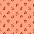 Organic seamless pattern with little leaf branches elements. Pink background. Seasonal little foliage ornament