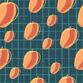 Organic seamless pattern with random orange peach elements. Blue chequered background. Simple style Royalty Free Stock Photo