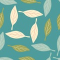 Organic seamless pattern with random pink, blue and green leaves elements. Turquoise background. Bright colors Royalty Free Stock Photo