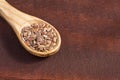 Healthy food for preventing heart diseases and overweight. Flax seeds on wooden spoon - Linum usitatissimum