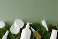 Flat lay photo of white cosmetic bottles, cream jars, dropper bottles and tropical leaves on pastel green background Royalty Free Stock Photo