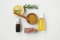 Organic skincare ingredients with manuka honey, oils, bath salts, rosemary and lemon for skincare masks and treatments, natural