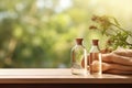 Organic skincare product display on wooden counter with soft sunlight and leaf shadow