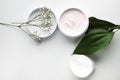 Organic skincare products on minimalistic background with copy space Royalty Free Stock Photo