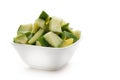 Organic sliced Indian Mango (Mangifera indica) in white bowl.