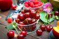 Organic sour cherries in bowl, fresh organic cherry in healthy dieting Royalty Free Stock Photo