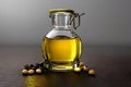 Organic soybean seeds and oil in a glass jar, healthy diet, dry seeds, agriculture, generative ai