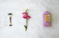 Organic spa. natural herbal skincare ingredients with roses, natural soap, cotton towel, amethyst face roller, wellness and home Royalty Free Stock Photo