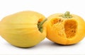 Organic spaghetti squash Cucurbita pepo vegetable, cut out on white background