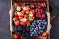 Organic strawberries, raspberries, blueberries, blackberries on a separate dish close-up on a solid concrete background. Royalty Free Stock Photo