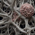 An organic structure with an intricate network of strands and nodules.