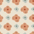 Organic summer seamless pattern with simple orange and blue scandi flowers silhouettes. Grey background