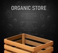 Organic supermarket background menu banner with empty wooden cargo box for fruits and vegetables Royalty Free Stock Photo