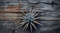 Organic Surrealism: Tactile Texture Of A Spiked Spike On Wooden Wall