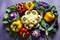 Organic Synthesis: Vegetables in Diverse Hues and Forms Arranged to Resemble a Human Brain, Embodying the Concept of Whole-Brain