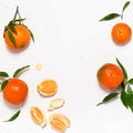 Organic tangerines mandarins, clementines, citrus fruits with leaves.