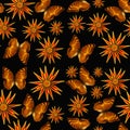 Organic textured pattern orange flowers and butterflies on black seamless, beautiful colorful background wallpaper, Royalty Free Stock Photo