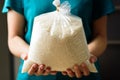 Organic Thai Jasmine rice grain in plastic bag Royalty Free Stock Photo