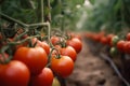 Ripe red and delicious fresh tomatoes hang on a plant in the greenhouse