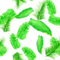 Organic Tropical Palm. White Seamless Leaf. Natural Pattern Nature. Green Drawing Palm. Banana Leaf. Spring Textile. Watercolor Royalty Free Stock Photo