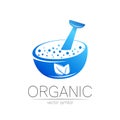 Organic vector symbol in blue color. Concept logo for business. Herbal sign for medicine, homeopathy, therapy and