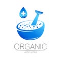 Organic vector symbol in blue color. Concept logo with cross and drop for business. Herbal sign for medicine, homeopathy