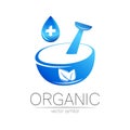 Organic vector symbol in blue color. Concept logo with cross and drop for business. Herbal sign for medicine, homeopathy
