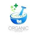 Organic vector symbol in blue color. Concept logo with green cross for business. Herbal sign for medicine, homeopathy