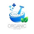 Organic vector symbol in blue and green color. Concept logo for business. Herbal sign with leaf and cross for medicine