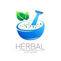 Organic vector symbol in blue and green color. Concept logo for business. Herbal sign with leaves for medicine