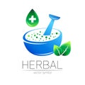 Organic vector symbol in blue and green color. Concept logo for business. Herbal sign for medicine, homeopathy, therapy