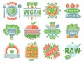 Organic vegan healthy food eco restaurant logo badges labels with vegetarian raw nature food diet designs vector Royalty Free Stock Photo