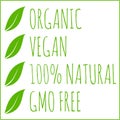 Organic, vegan, natural, GMO free - green leaves vector
