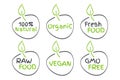 Organic, Vegan, Raw, Fresh Food, GMO Free, 100% Natural labels. Green and grey vector logos, signs. Symbols for healthy eating