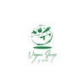 Organic vegan soup logo icon with big bowl and flying vegetables illustration elegant premium soup restaurant
