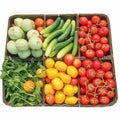 Organic vegetable assortment in basket tomatoes, cucumbers, eggplants, beans Royalty Free Stock Photo