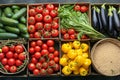 Organic vegetable assortment in basket tomatoes, cucumbers, eggplants, beans Royalty Free Stock Photo