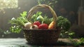Organic vegetable basket with roots and greens Royalty Free Stock Photo