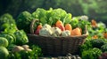 Organic vegetable basket with roots and greens. Royalty Free Stock Photo