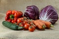 Organic vegetable composition: red pepper, salad, carrots, tomato and courgette Royalty Free Stock Photo