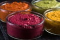 Organic vegetable vibrant dip selection, food background