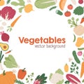 Organic vegetables background with circle border of fresh farm veggies. Square-shaped card design with healthy Royalty Free Stock Photo