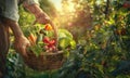 Organic vegetables in a basket in the hands of a farmer. Seasonal harvest