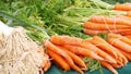 Organic vegetables on counter, fresh local produce homegrown on stall. Farmers food market in USA. Royalty Free Stock Photo